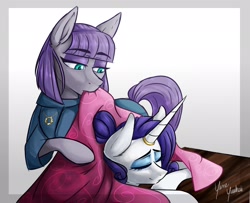 Size: 2923x2376 | Tagged: safe, artist:yumeyuuheii, character:maud pie, character:rarity, species:earth pony, species:pony, species:unicorn, ship:rarimaud, blanket, cute, female, high res, horn ring, jewelry, lesbian, maudabetes, mouth hold, necklace, raribetes, shipping, sleeping, table