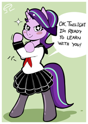 Size: 2480x3507 | Tagged: safe, artist:alvh-omega, character:starlight glimmer, species:pony, species:unicorn, g4, bipedal, clothing, cute, dialogue, female, friendship, implied twilight sparkle, pleated skirt, rosie the riveter, school uniform, schoolgirl, simple background, skirt, solo, speech bubble, stockings, text, thigh highs, we can do it!