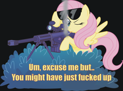 Size: 700x516 | Tagged: safe, artist:maishida, character:fluttershy, species:pegasus, species:pony, barrett, bipedal, bush, female, flutterbadass, gun, hooves, image macro, m82a3, mare, one eye closed, optical sight, rifle, smoking, sniper, sniper rifle, snipershy, solo, spread wings, sunglasses, text, vulgar, weapon, wings