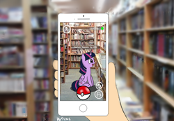 Size: 1654x1152 | Tagged: safe, artist:linlaifeng, character:twilight sparkle, character:twilight sparkle (alicorn), species:alicorn, species:pony, book, cellphone, crossover, library, offscreen character, phone, pokémon, pokémon go, ponymon, pov, smartphone, that pony sure does love books