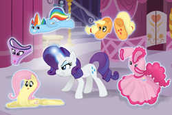 Size: 1280x858 | Tagged: safe, artist:redflare500, character:applejack, character:fluttershy, character:pinkie pie, character:rainbow dash, character:rarity, character:twilight sparkle, species:pony, clothing, clothing transformation, cutie mark underwear, dress, frilly underwear, high heels, inanimate tf, jewelry, mane six, panties, pantified, purple underwear, socks, tiara, transformation, underwear