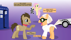 Size: 1920x1080 | Tagged: safe, artist:mandydax, edit, character:doctor whooves, character:fluttershy, character:time turner, species:pony, back to the future, bow tie, checkered flag, crossover, delorean, dialogue, doc brown, doctor who, glasses, inkscape, ponified, tardis, vector, wallpaper, wallpaper edit