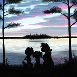 Size: 1125x1125 | Tagged: safe, artist:bugiling, character:apple bloom, character:applejack, character:big mcintosh, species:earth pony, species:pony, lake, scenery, silhouette, sunset, tree, trio