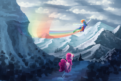 Size: 1200x800 | Tagged: safe, artist:bugiling, character:pinkie pie, character:rainbow dash, species:pony, female, flying, mare, mountain, pronking, rainbow trail, scenery, scenery porn