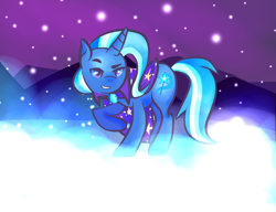 Size: 1280x981 | Tagged: safe, artist:lionsca, character:trixie, species:pony, species:unicorn, female, grin, smiling, snow, solo