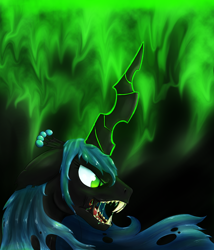 Size: 1200x1400 | Tagged: safe, artist:cyb3rwaste, character:queen chrysalis, species:changeling, angry, changeling queen, fangs, female, fire