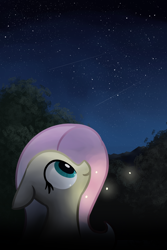 Size: 1200x1800 | Tagged: safe, artist:masserey, character:fluttershy, species:pony, bust, female, firefly, floppy ears, looking up, mare, night, shooting star, smiling, solo, space, stargazing, starry night