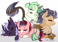 Size: 2731x1977 | Tagged: safe, artist:yumeyuuheii, oc, oc only, oc:boomer, oc:candy hooves, oc:gabby, oc:jasette, oc:tracer, parent:apple bloom, parent:diamond tiara, parent:scootaloo, parent:spike, parent:sweetie belle, parents:diamondbloom, parents:gabbyloo, parents:spikebelle, species:dracony, species:hippogriff, species:pony, hybrid, interspecies offspring, magical lesbian spawn, offspring
