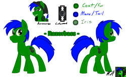 Size: 4176x2550 | Tagged: safe, artist:fundz64, oc, oc only, oc:razorbass, species:pony, absurd resolution, beanie, blue mane, clothing, cutie mark, green, green coat, hat, headphones, razor blade, reference sheet, simple background, solo, transparent background