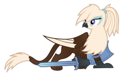 Size: 3000x1895 | Tagged: safe, artist:rish--loo, oc, oc only, oc:gwynn, species:griffon, feather, female, griffon oc, ponytail, shield, simple background, solo, sword, transparent background, vector, weapon, wings