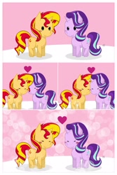 Size: 2315x3472 | Tagged: safe, artist:rockarboom, character:starlight glimmer, character:sunset shimmer, species:pony, ship:shimmerglimmer, air kiss, chibi, female, lesbian, shipping