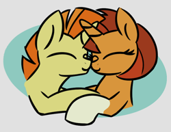 Size: 740x571 | Tagged: safe, artist:masserey, character:stellar flare, character:sunspot, species:pony, species:unicorn, duo, eyes closed, female, flarespot, horns are touching, male, mare, nuzzling, shipping, socks (coat marking), stallion