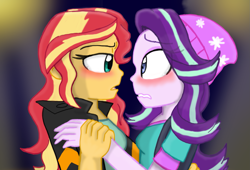 Size: 1653x1122 | Tagged: safe, artist:shonatabeata, character:starlight glimmer, character:sunset shimmer, ship:shimmerglimmer, equestria girls:mirror magic, g4, my little pony: equestria girls, my little pony:equestria girls, spoiler:eqg specials, beanie, blushing, clothing, female, hat, lesbian, looking at each other, shipping, wavy mouth
