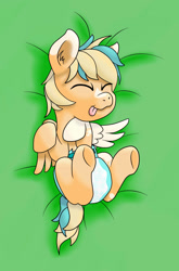 Size: 1622x2461 | Tagged: safe, artist:saxpony, oc, oc only, oc:sun light, species:pegasus, species:pony, baby, baby pony, diaper, female, filly, foal, on back, simple background