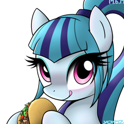Size: 1284x1284 | Tagged: safe, artist:yorozpony, character:sonata dusk, species:earth pony, species:pony, equestria girls ponified, female, food, licking, licking lips, mare, ponies eating meat, ponified, simple background, solo, sonataco, taco, that girl sure loves tacos, tongue out, white background