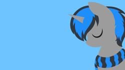 Size: 1366x768 | Tagged: safe, artist:rish--loo, oc, oc only, oc:frost fang, species:pony, species:unicorn, blue background, clothing, eyes closed, female, horn, lineless, mare, scarf, simple background, solo, wallpaper