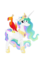 Size: 774x1032 | Tagged: safe, artist:pony-from-everfree, character:philomena, character:princess celestia, species:alicorn, species:pony, crown, digital art, gold, horseshoes, jewelry, jewels, lineless, messy mane, necklace, perch, pet, regalia, royalty, simple background, transparent background, vector