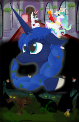Size: 652x1004 | Tagged: safe, artist:pony-from-everfree, character:philomena, character:princess celestia, character:princess luna, character:raven inkwell, species:pony, species:unicorn, apple, assistant, braid, bruised, canterlot castle, collage, cover art, digital art, everfree forest, food, glowing eyes, glowing eyes of doom, lineless, the forest pony, timber wolf, vector, zap apple