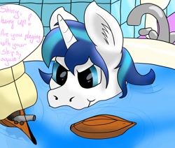 Size: 1500x1272 | Tagged: safe, artist:saxpony, character:shining armor, species:pony, species:unicorn, bath, bathing, bathtub, dialogue, implied princess cadance, male, offscreen character, playing, speech bubble, stallion, toy, toy ship
