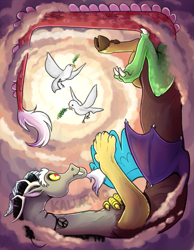 Size: 787x1012 | Tagged: safe, artist:bugiling, character:discord, species:bird, species:draconequus, cloud, cloudy, crepuscular rays, dove, male, olive branch, on back, peace, peace symbol, pendant, smiling, solo
