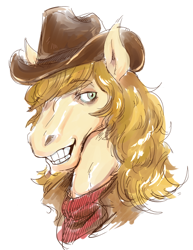 Size: 464x600 | Tagged: safe, artist:grimbloody, character:braeburn, species:pony, clothing, hoers, horse face, male, smiling, solo