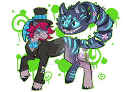 Size: 1024x736 | Tagged: safe, artist:sleepydemonmonster, oc, oc only, species:pony, alice in wonderland, cat, clothing, curved horn, hat, simple background, top hat, transparent background, unshorn fetlocks, watermark