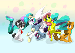 Size: 7016x4961 | Tagged: safe, artist:hananpacha, character:princess celestia, character:raven inkwell, species:alicorn, species:pony, species:unicorn, absurd resolution, female, floppy ears, glasses, gradient background, mare, professor inkwell, prone, rearing, sitting, smiling