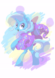 Size: 4961x7016 | Tagged: safe, artist:hananpacha, character:trixie, species:pony, species:unicorn, absurd resolution, bipedal, cape, clothing, female, hat, looking at you, looking back, looking back at you, mare, open mouth, simple background, smiling, solo, trixie's cape, trixie's hat, white background, windswept mane