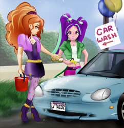 Size: 1179x1216 | Tagged: safe, artist:ltrm35a2, character:adagio dazzle, character:aria blaze, my little pony:equestria girls, balloon, boots, bucket, car, car wash, clothing, duo, duo female, female, hose, human coloration, hyundai sonata, midriff, pail, shoes, short shirt, sign, soap, vehicle