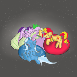 Size: 1600x1600 | Tagged: safe, artist:techgear, character:spike, character:starlight glimmer, character:sunset shimmer, character:trixie, species:dragon, species:pony, species:unicorn, ship:sparlight, ship:spixie, ship:sunsetspike, beanbag chair, bisexual, cuddling, female, harem, lesbian, male, mare, misleading thumbnail, polyamory, shipping, sleeping, sparlixie, spike gets all the mares, straight