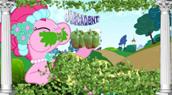 Size: 1924x1063 | Tagged: safe, artist:mlpfimguy, artist:p0p218, character:pinkie pie, species:pony, 1000 hours in gimp, clothing, delicious, dress, eating, gimp, leaf, leaves, pillar, wat
