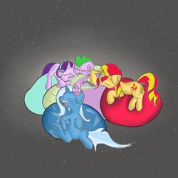 Size: 1024x1024 | Tagged: safe, artist:techgear, edit, character:spike, character:starlight glimmer, character:sunset shimmer, character:trixie, species:dragon, species:pony, species:unicorn, ship:sparlight, ship:spixie, ship:sunsetspike, beanbag chair, bisexual, counterparts, cute, female, harem, lesbian, male, mare, polyamory, shipping, sleeping, sparlixie, spike gets all the mares, straight, twilight's counterparts