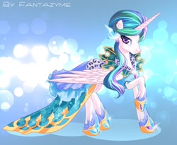 Size: 1706x1399 | Tagged: safe, artist:fantazyme, character:princess celestia, species:alicorn, species:pony, alternate hairstyle, clothing, dress, female, mare, solo