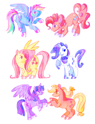 Size: 1432x1868 | Tagged: safe, artist:lionsca, character:applejack, character:fluttershy, character:pinkie pie, character:rainbow dash, character:rarity, character:twilight sparkle, character:twilight sparkle (alicorn), species:alicorn, species:earth pony, species:pegasus, species:pony, species:unicorn, female, mane six, mare, rearing, simple background, white background