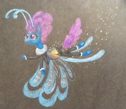 Size: 3496x3020 | Tagged: safe, artist:pony-from-everfree, character:seabreeze, species:breezies, antennae, basket, black background, clothing, colored pencil drawing, curly hair, dress, flying, lineless, male, pollen, simple background, solo, traditional art, wings