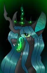 Size: 650x1012 | Tagged: safe, artist:wolfs42, character:queen chrysalis, species:changeling, g4, changeling queen, female, glow, long tongue, queen, tongue out, watermark