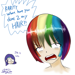 Size: 1200x1200 | Tagged: safe, artist:linlaifeng, character:rainbow dash, character:rarity, species:human, my little pony:equestria girls, alternate hairstyle, angry, anime, derp, female, funny, haircut, humanized, multicolored hair, short hair, simple background