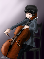 Size: 1200x1600 | Tagged: safe, artist:linlaifeng, character:octavia melody, species:human, cello, clothing, female, gradient background, humanized, musical instrument, signature, solo