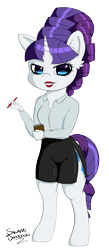 Size: 1098x2529 | Tagged: safe, artist:salamishowdown, character:rarity, species:anthro, species:unguligrade anthro, chibi, clothing, female, lip gloss, lipstick, notepad, pencil, shirt, side slit, simple background, skirt, solo, transparent background