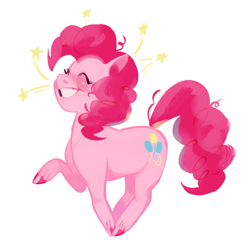 Size: 2284x2284 | Tagged: safe, artist:tomoe-chi, character:pinkie pie, species:earth pony, species:pony, colored hooves, cute, diapinkes, eyes closed, female, high res, mare, prancing, raised hoof, simple background, smiling, solo, stars, unshorn fetlocks, white background