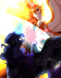 Size: 1433x1814 | Tagged: safe, artist:djspark3, character:daybreaker, character:princess celestia, character:princess luna, species:alicorn, species:pony, episode:a royal problem, g4, my little pony: friendship is magic, crying, evil grin, fight, force field, glowing horn, grin, magic, mane of fire, role reversal, smiling, spread wings, wings