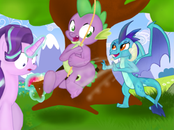 Size: 1399x1048 | Tagged: safe, artist:dsfranch, character:princess ember, character:spike, character:starlight glimmer, species:dragon, species:pony, species:unicorn, female, food, ice cream, magic, tire swing, tree