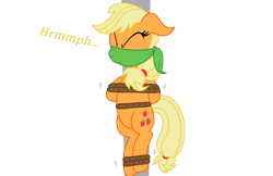 Size: 4246x2746 | Tagged: safe, artist:php103, character:applejack, species:pony, blushing, bondage, bound and gagged, cloth gag, damsel in distress, eyes closed, female, floppy ears, gag, muffled words, pole, pole tied, rope, rope bondage, simple background, solo, struggling, tied up, transparent background