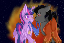 Size: 1024x683 | Tagged: safe, artist:jeyjeymohr, character:king sombra, character:twilight sparkle, character:twilight sparkle (alicorn), species:alicorn, species:pony, ship:twibra, clothing, female, male, mouth hold, night, red eyes, shipping, straight