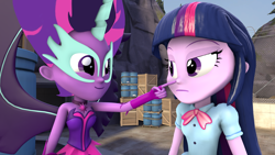 Size: 1920x1080 | Tagged: safe, artist:fivefreddy, character:midnight sparkle, character:twilight sparkle, character:twilight sparkle (scitwi), species:eqg human, my little pony:equestria girls, 3d, boop, cute, happy, midnight sparkle, midnightabetes, poking, pure unfiltered evil, purple, source filmmaker, twilight is not amused, twolight, unamused