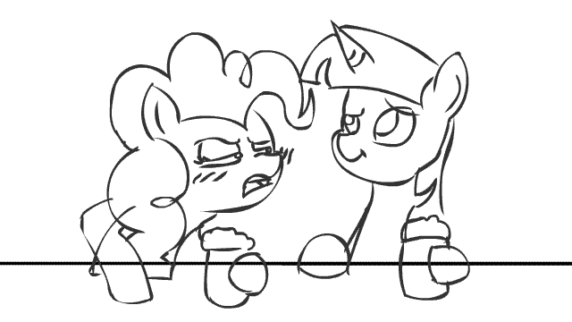 Size: 640x360 | Tagged: safe, artist:artattax, character:pinkie pie, character:twilight sparkle, ship:twinkie, animated, blushing, drunk, drunkie pie, female, gif, kissing, lesbian, monochrome, shipping, simple background, white background