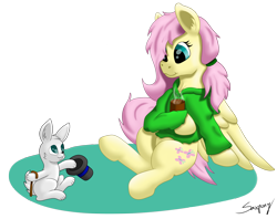 Size: 1500x1188 | Tagged: safe, artist:saxpony, character:angel bunny, character:fluttershy, species:pegasus, species:pony, species:rabbit, clothing, female, hat, hoodie, mare, ponytail, signature, simple background, top hat, transparent background