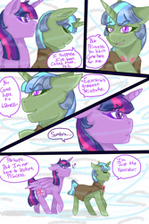 Size: 1024x1536 | Tagged: safe, artist:jeyjeymohr, character:clover the clever, character:twilight sparkle, character:twilight sparkle (alicorn), species:alicorn, species:pony, species:unicorn, comic:crownless, cloak, clothing, comic, dialogue
