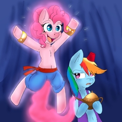Size: 1800x1800 | Tagged: safe, artist:lamentedmusings, character:pinkie pie, character:rainbow dash, aladdin, belly button, chest fluff, clothing, disney, fez, genie, hat, parody