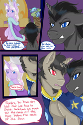 Size: 1024x1536 | Tagged: safe, artist:jeyjeymohr, character:clover the clever, character:king sombra, character:star swirl the bearded, species:pony, species:unicorn, comic:crownless, cloak, clothing, comic, dialogue, princess platinum, throne
